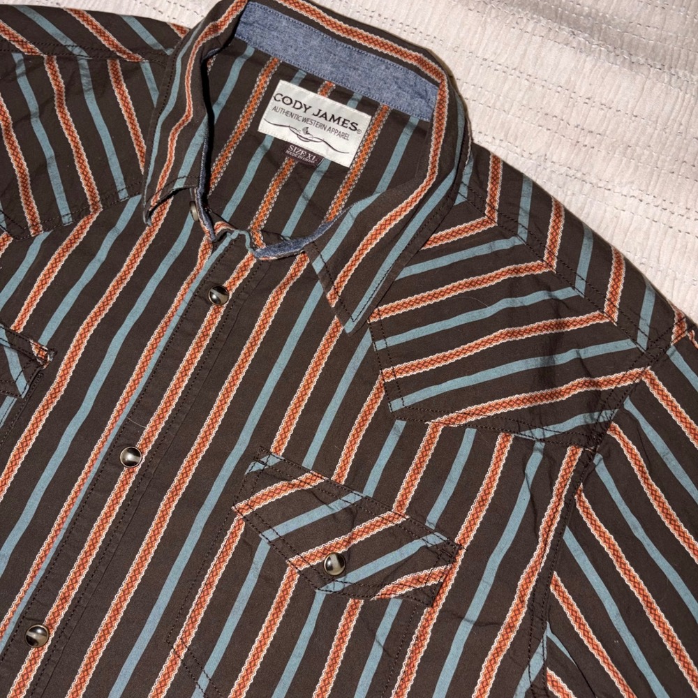 Cody James Mens XL Brown Striped Western Pearl Snap Long Sleeve Shirt Cotton‎